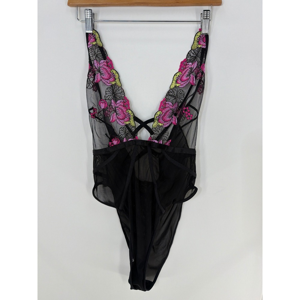 Adore Me Black Mesh Floral Embroidered Strappy Bodysuit Lingerie MM1600 Womens M